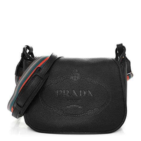 PRADA Vitello Daino Embossed Logo Flap Shoulder Bag Black 